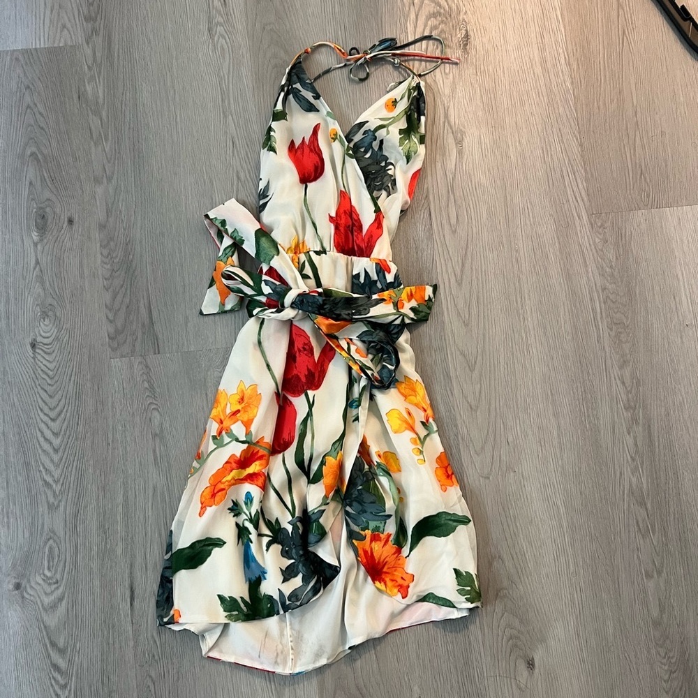Alice + Olivia White Floral Mini Dress with Red & Yellow Blooms
